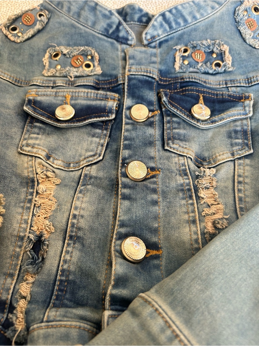Light Blue Distressed Kids' Denim Jacket with Decorative Buttons